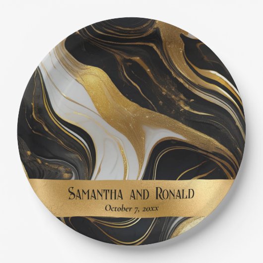 エレガントフェイク金ゴールド、白黒マルブル結婚ス ペーパープレート (正面)