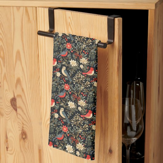 エレガントフェスティバルの鳥とフローラクリスマスレッド キッチンタオル (三つ折り)