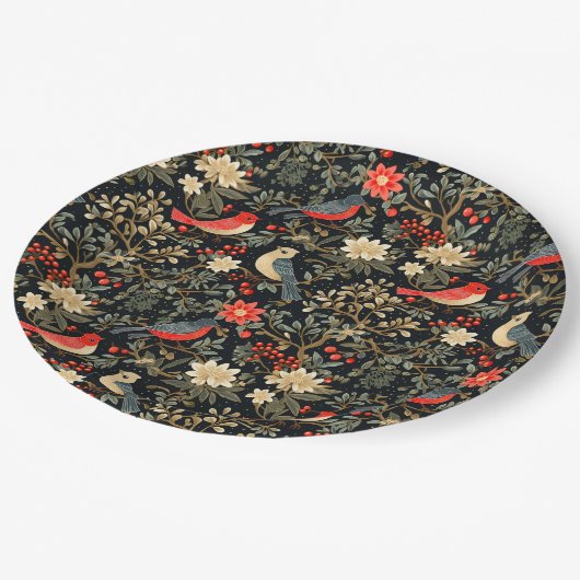 エレガントフェスティバルの鳥とフローラクリスマスレッド ペーパープレート (アングル)