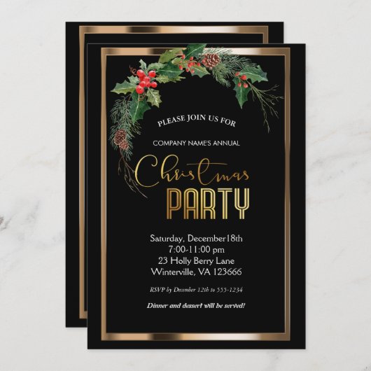 エレガントフェスティバルクリスマス金ゴールド招待状 招待状 (正面/裏面)