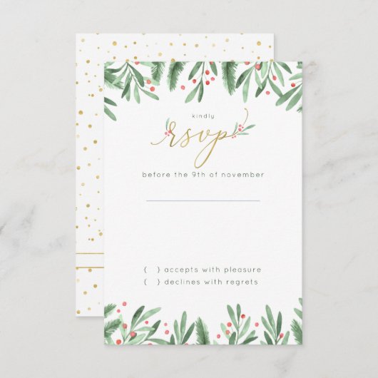 エレガントフェスティバルグリーン金ゴールド&レッドホリデー結婚ズ 出欠カード (正面/裏面)