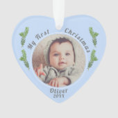 エレガントフェスティバルブルーベビー初めてのクリスマス写真 オーナメント (正面)