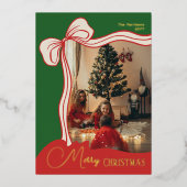 エレガントフェスティバルレッドグリーン写真クリスマス 箔シーズンカード (正面)