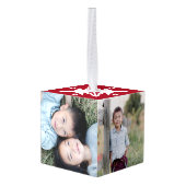 エレガントフェスティバルレッド4フォトスノーフレーククリスマス キューブオーナメント (裏面アングル)