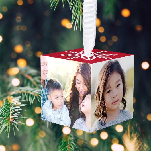 エレガントフェスティバルレッド4フォトスノーフレーククリスマス キューブオーナメント