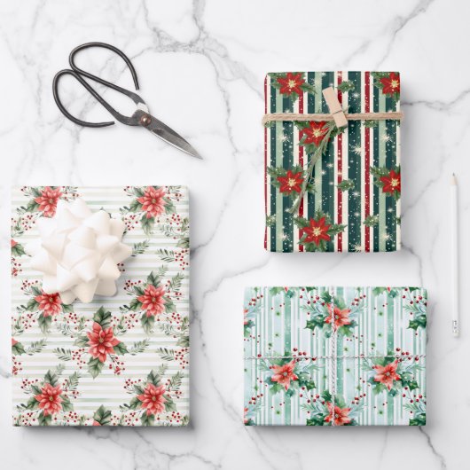エレガントフェスティバルレッド&グリーンクリスマスストライプの ラッピングペーパーシート (正面)