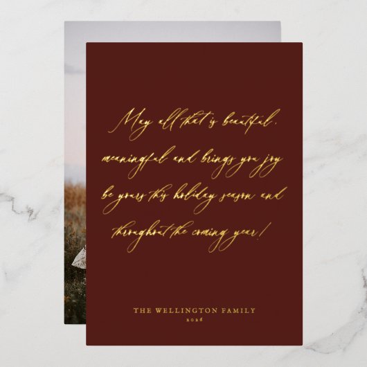 エレガントフェスティバル赤い書道クリスマス写真 箔シーズンカード (正面/裏面)