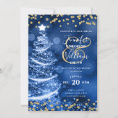 エレガントフェスティバル金ゴールドブルー結婚のクリスマスツリー 招待状 (正面)