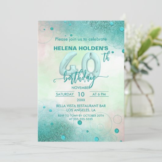 エレガントフェミニンティール（緑がかった色）箔バルーン40歳 招待状 (スタンド正面)
