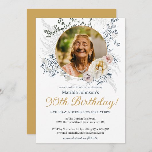 エレガントフォトイエローフローラ90誕生日 招待状 (正面/裏面)