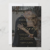 エレガントフォトオフェイクバーレイ結婚金ゴールド 招待状 (正面)