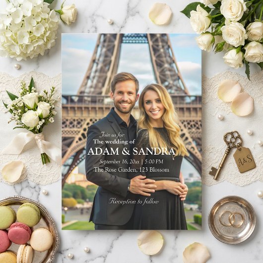 エレガントフォトオモダンーレイ結婚白黒 招待状