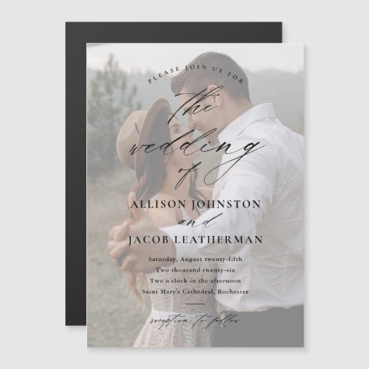 エレガントフォトオーバーレイのスクリプ結婚ト マグネット招待状 (正面/裏面)