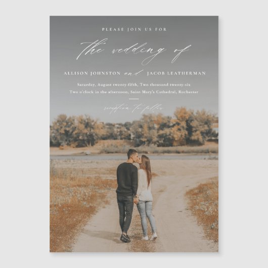 エレガントフォトオーバーレイのスクリプ結婚ト マグネット招待状 (正面)