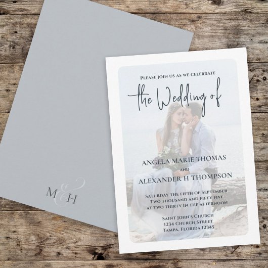 エレガントフォトオーバーレイシンプルミニマリストダスティブルー 招待状