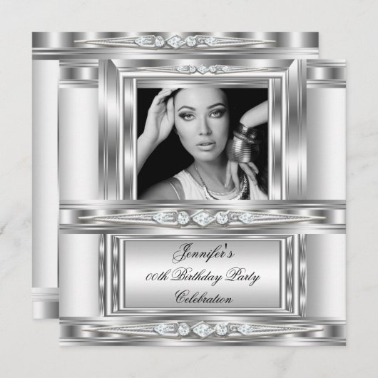 エレガントフォトシルバーホワイトダイヤモンド誕生日パーティー 招待状 (正面/裏面)