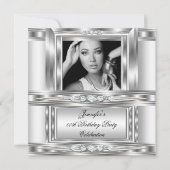 エレガントフォトシルバーホワイトダイヤモンド誕生日パーティー 招待状 (正面)