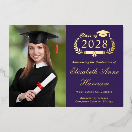 エレガントフォトパープルカレッジ卒業パーティー 箔招待状 (正面)