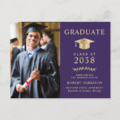 エレガントフォトパープル金ゴールド大学卒業 案内ポストカード (正面)