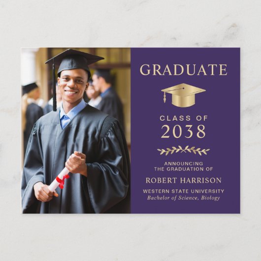 エレガントフォトパープル金ゴールド大学卒業 案内ポストカード (正面)