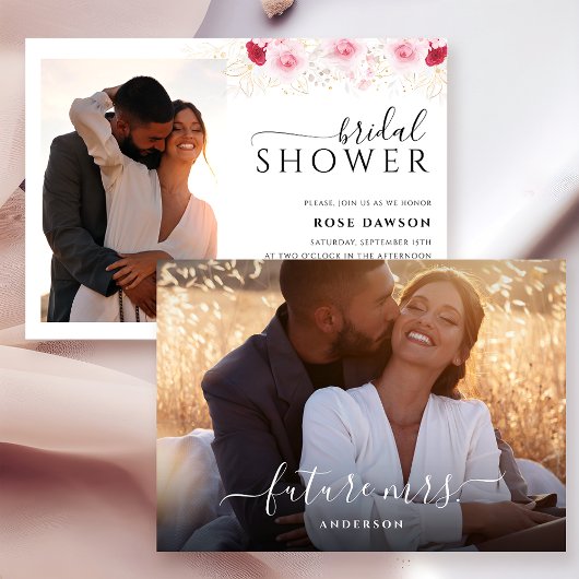 エレガントフォトピンクレッド&金ゴールドフローラブライダルシャワー 招待状