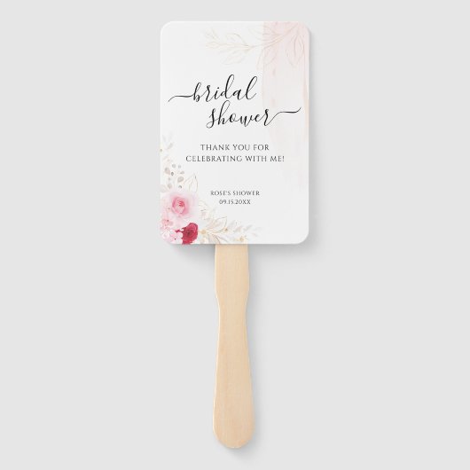 エレガントフォトピンク赤金ゴールドフローラブライダルシャワー ハンドファン (裏面)