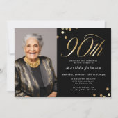 エレガントフォトブラックと金ゴールド90誕生日 招待状 (正面)
