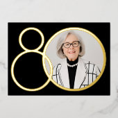 エレガントフォトブラック金ゴールドミニマル80誕生日 箔招待状 (正面)