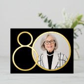 エレガントフォトブラック金ゴールドミニマル80誕生日 箔招待状 (立ち正面)