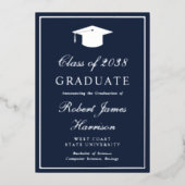 エレガントフォトブルー卒業パーティーシルバー 箔招待状 (正面)