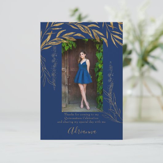 エレガントフォトブルー王室のと金ゴールドリーフx 2 サンキューカード (スタンド正面)