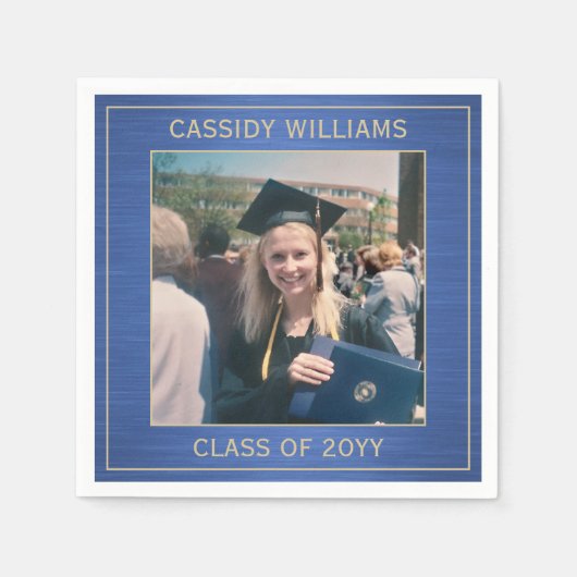 エレガントフォトブルー&金ゴールド卒業モダンパーティー スタンダードカクテルナプキン (正面)