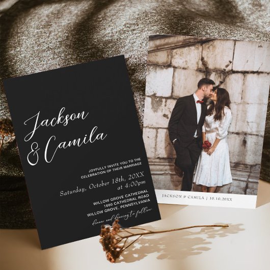 エレガントフォト結婚ブラック 招待状