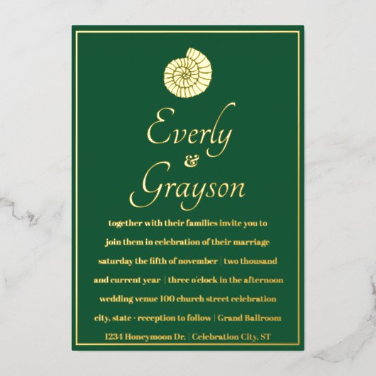 エレガントフォレストグリーンと金ゴールドビーチ結婚式 箔招待状 (正面)