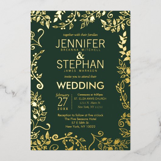 エレガントフォレストグ実在リー金ゴールド結婚フローラ 箔招待状 (正面)