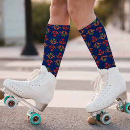 エレガントフォークアート素朴フローラとネイビかわいらしーブルー ソックス