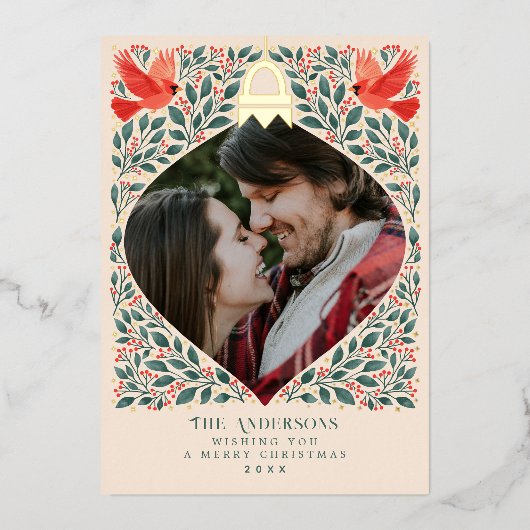 エレガントフォークアート（鳥）ショウジョウコウカンチョウクリスマスリーフ写真 箔シーズンカード (正面)