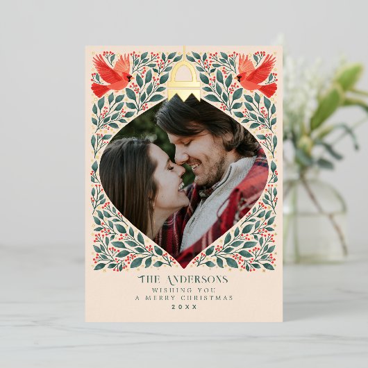 エレガントフォークアート（鳥）ショウジョウコウカンチョウクリスマスリーフ写真 箔シーズンカード (立ち正面)