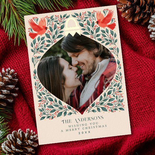 エレガントフォークアート（鳥）ショウジョウコウカンチョウクリスマスリーフ写真 箔シーズンカード