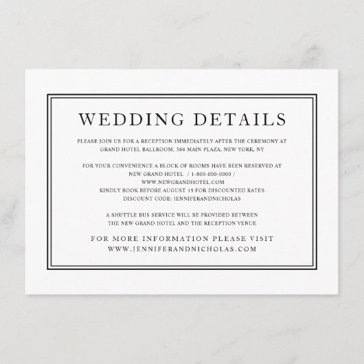 エレガントフォーマルクラシック白黒結婚詳細 エンクロージャーカード (正面)