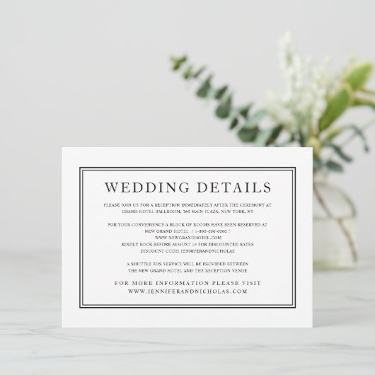 エレガントフォーマルクラシック白黒結婚詳細 エンクロージャーカード (スタンド正面)