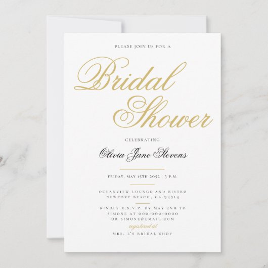 エレガントフォーマルクラシック金ゴールドスクリプトブライダルシャワー 招待状 (正面)