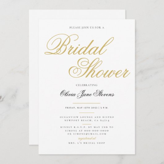 エレガントフォーマルクラシック金ゴールドスクリプトブライダルシャワー 招待状 (正面/裏面)