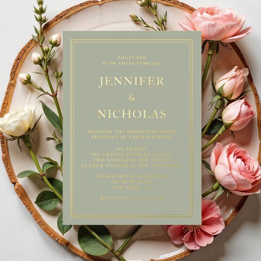 エレガントフォーマルセージ結婚グリーン 箔招待状