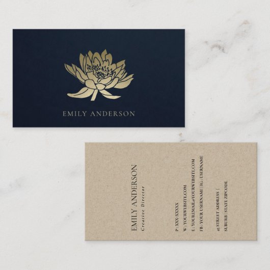 エレガントフォーマルトレンディーネイビフェイク金ゴールドロータスフローラ 名刺 (正面/裏面)