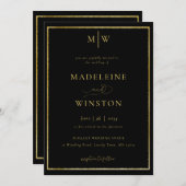 エレガントフォーマルモダンイニシャルブラック金ゴールド結婚ズ 招待状 (正面/裏面)