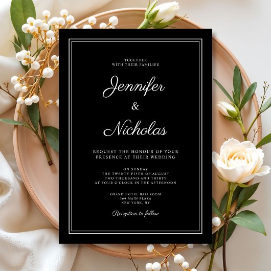 エレガントフォーマルモダン黒結婚文字 招待状