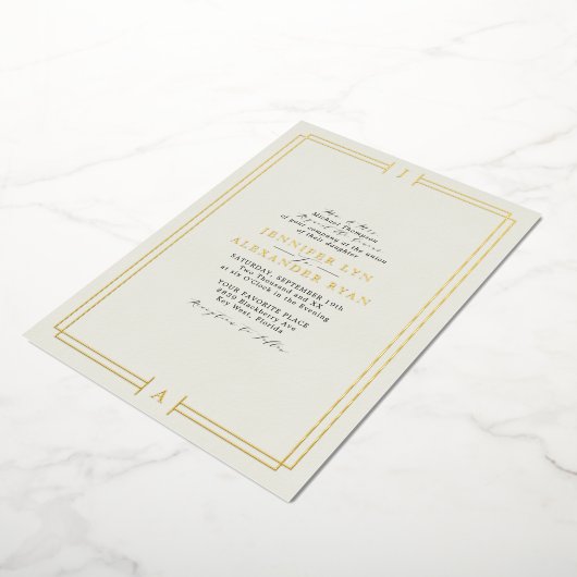 エレガントフォーマルモノグラムRSVP QRコード結婚の金ゴールド 箔招待状 (回転した状態)