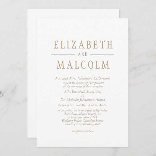 エレガントフォーマル伝統的白結婚の 招待状 (正面/裏面)