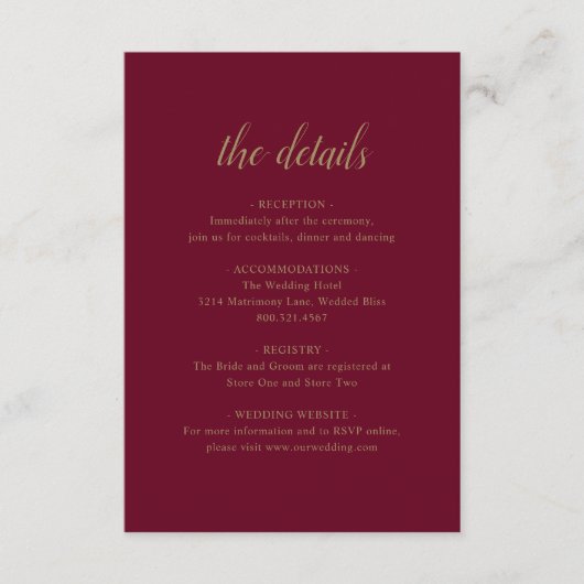 エレガントフォーマル詳細金ゴールドブルグンディ結婚ズ エンクロージャーカード (正面)